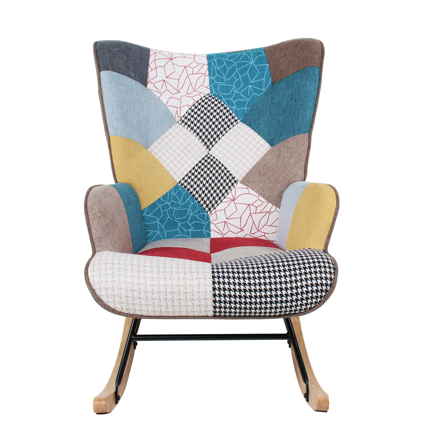 Rocking Chair with ottoman, Mid Century Fabric Rocker Chair with Wood Legs and Patchwork Linen for Livingroom Bedroom - Julia M LifeStyles