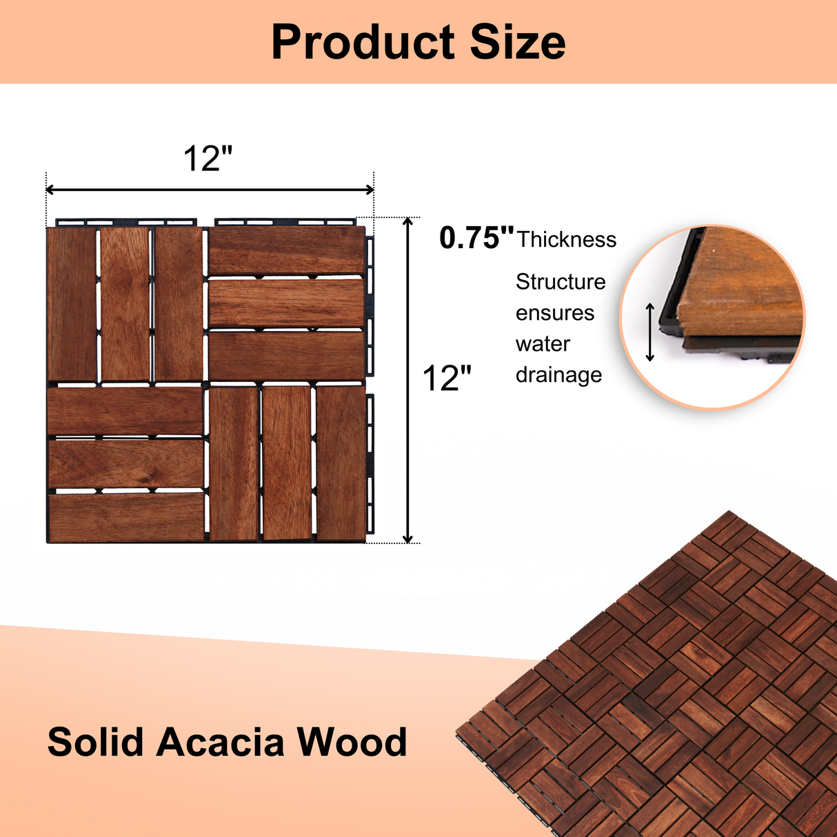 Acacia interlocking deck tile grid pattern, 10 pieces of 12 inch x 12 inch square brown Acacia hardwood outdoor flooring - Julia M LifeStyles