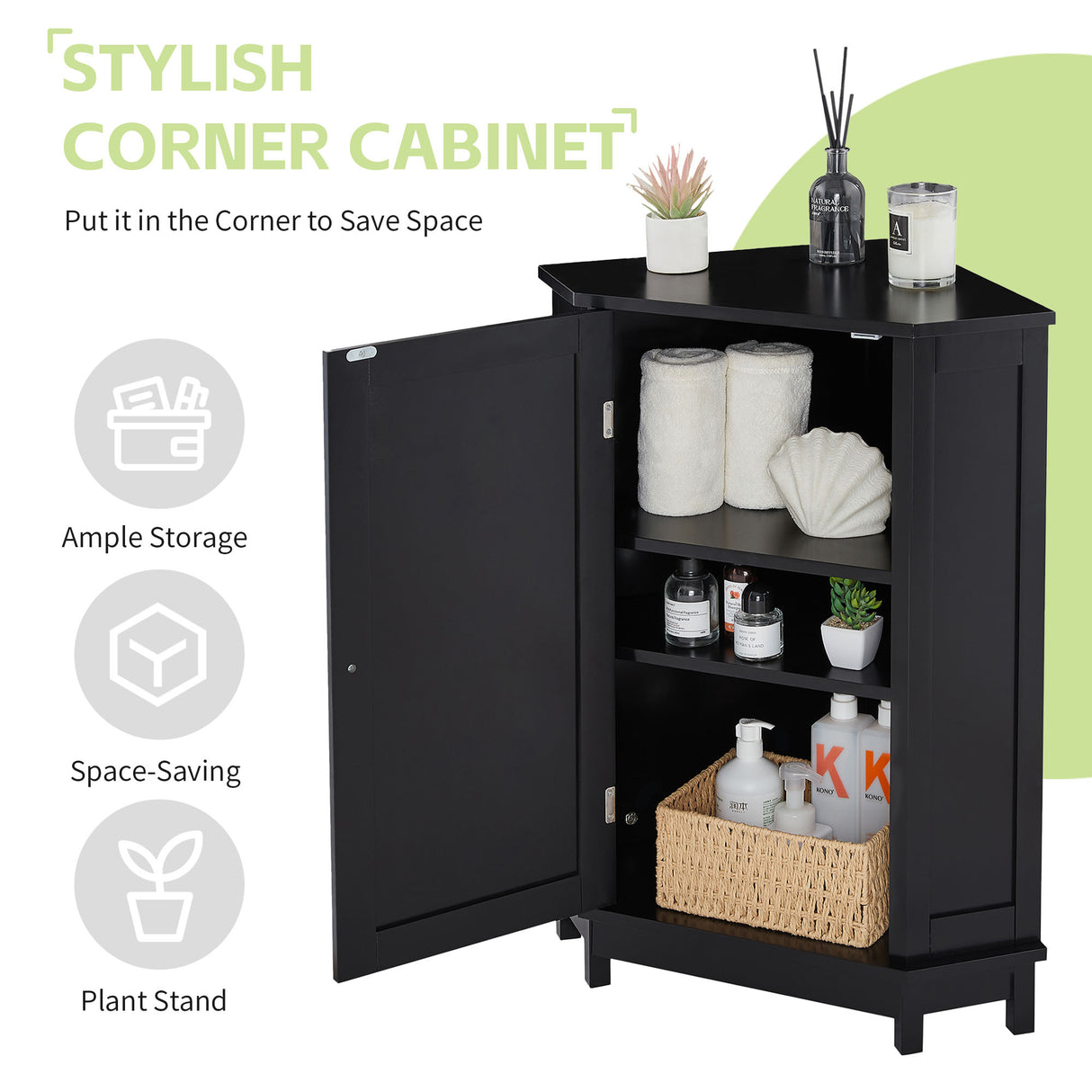 Black Bathroom Cabinet Triangle Corner Storage Cabinet with Adjustable Shelf Modern Style MDF Board - Julia M LifeStyles