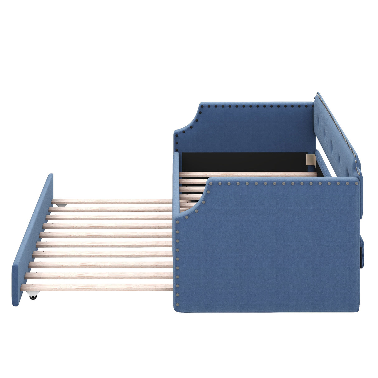 Upholstered Daybed with Trundle, Wood Slat Support,Upholstered Frame Sofa Bed Twin Blue - Julia M LifeStyles
