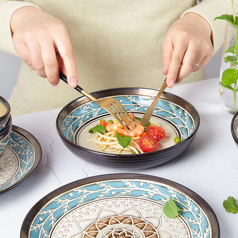 European Embossed Ceramic Tableware Set – Elegant Bowl & Plate Collection
