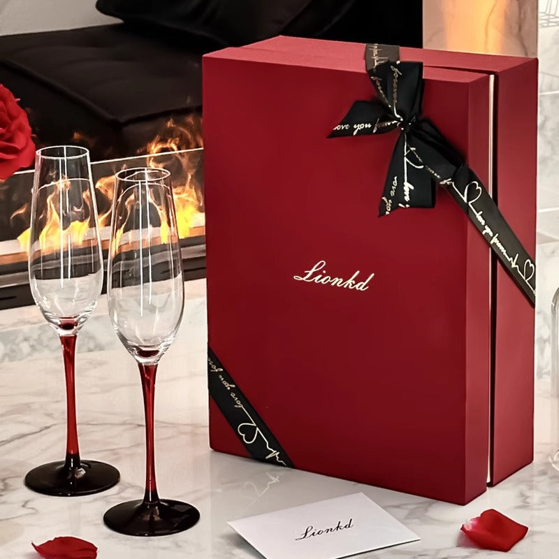Champagne Crystal Glass Set in Red-Stem Elegant Gift Box