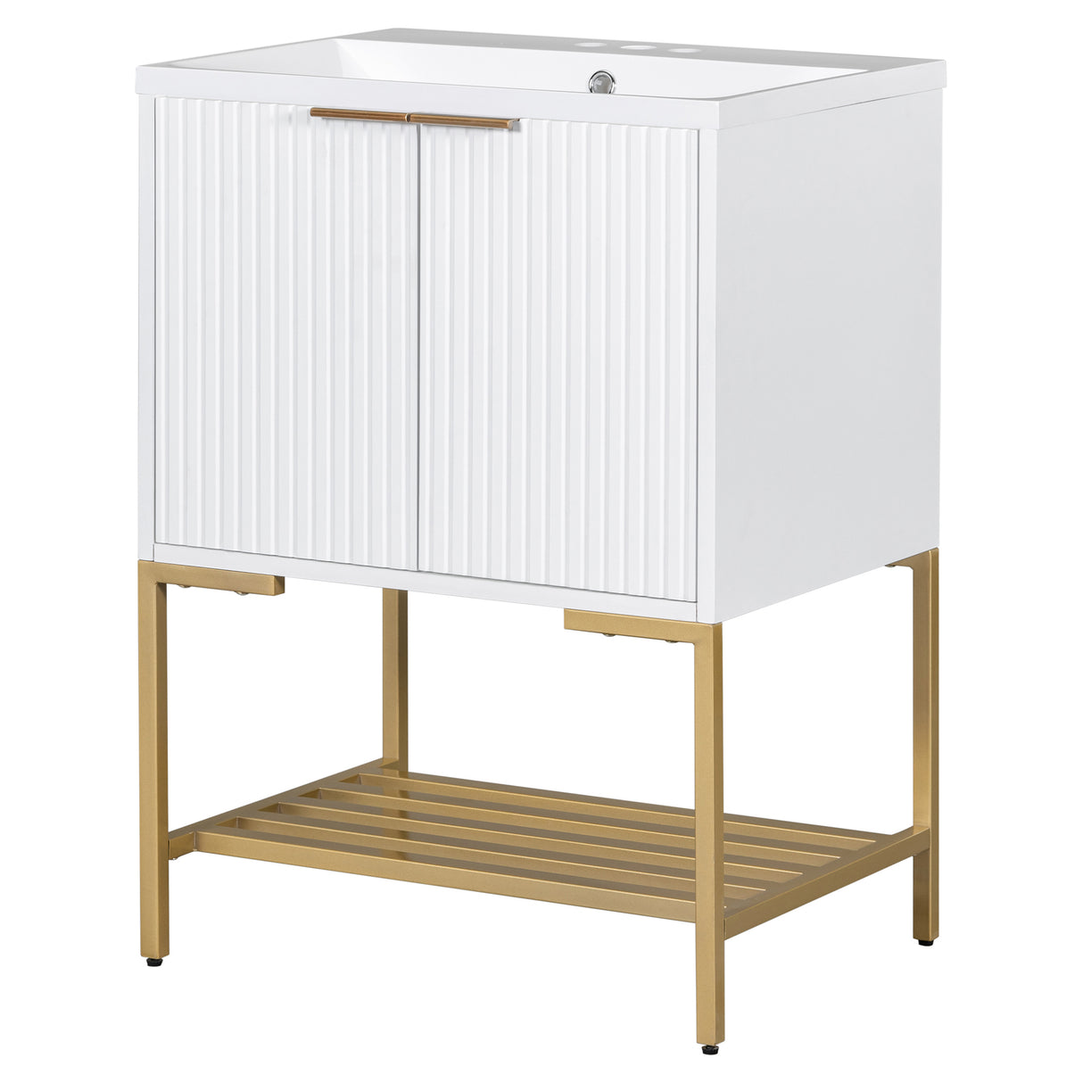 24" Bathroom Vanity with Sink, Bathroom Vanity Cabinet with Two Doors and Gold Metal Frame, Open Storage Shelf, White - Julia M LifeStyles