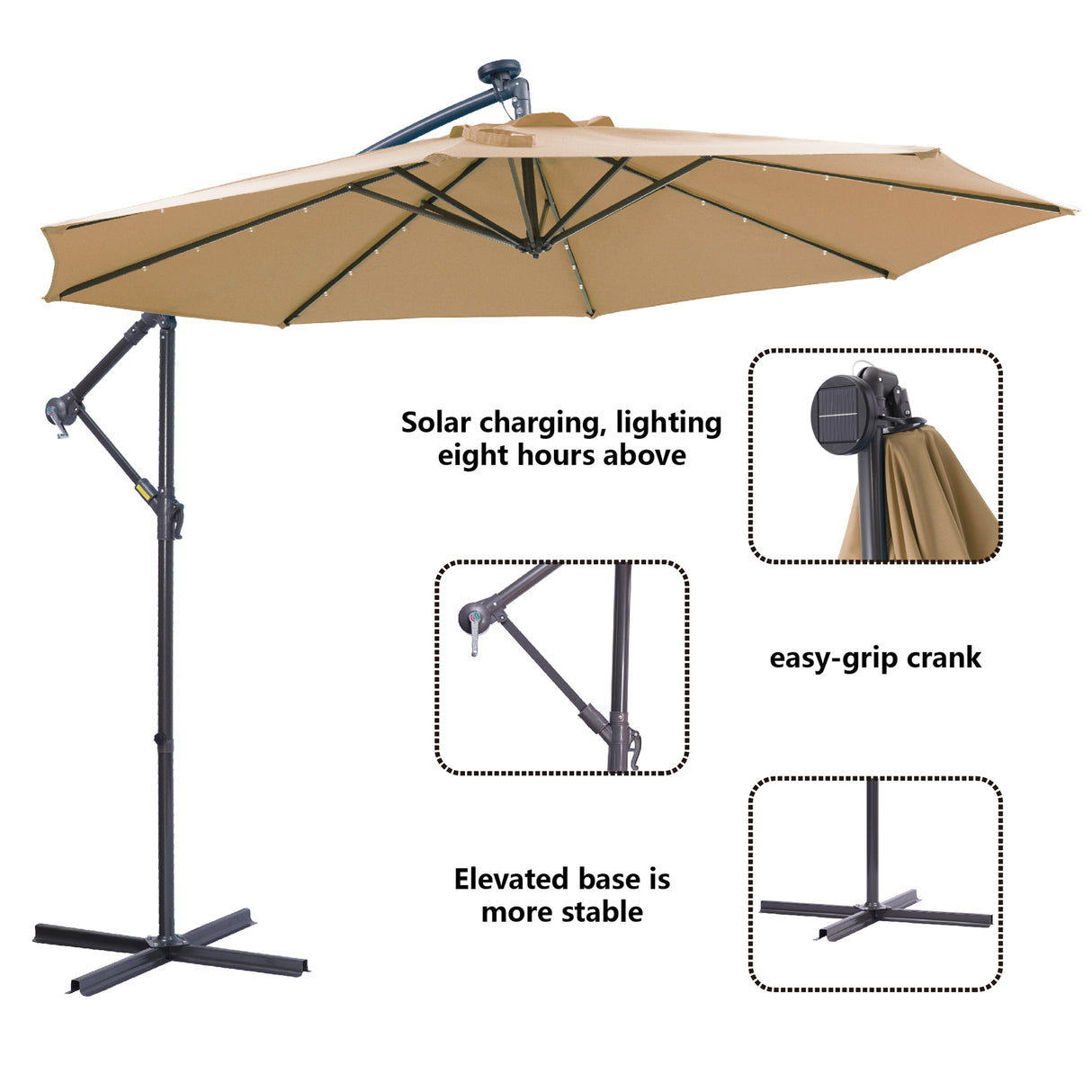 10 FT Solar LED Patio Outdoor Umbrella Hanging Cantilever Umbrella Offset Umbrella Easy Open Adustment with 32 LED Lights -taupe - Julia M LifeStyles