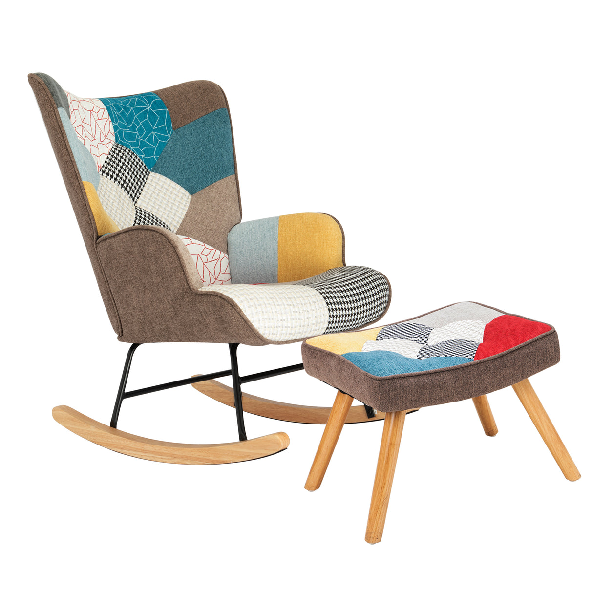 Rocking Chair with ottoman, Mid Century Fabric Rocker Chair with Wood Legs and Patchwork Linen for Livingroom Bedroom - Julia M LifeStyles