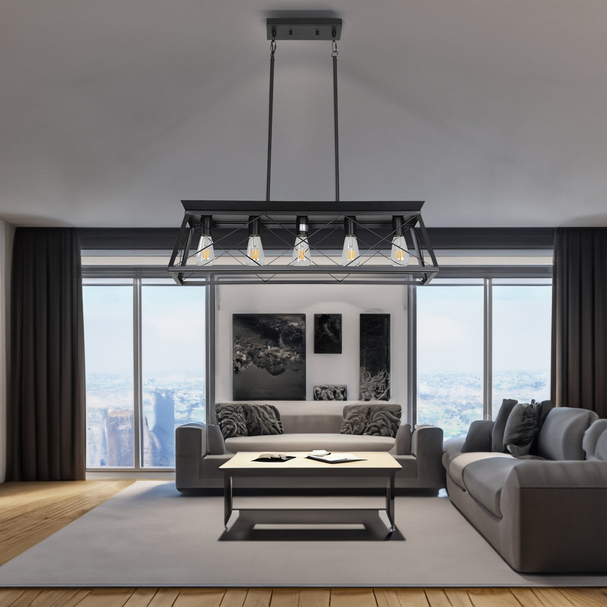 5-light farmhouse pendant light, metal pendant light island fixture, modern rectangular island light, pure black (no bulb) - Julia M LifeStyles