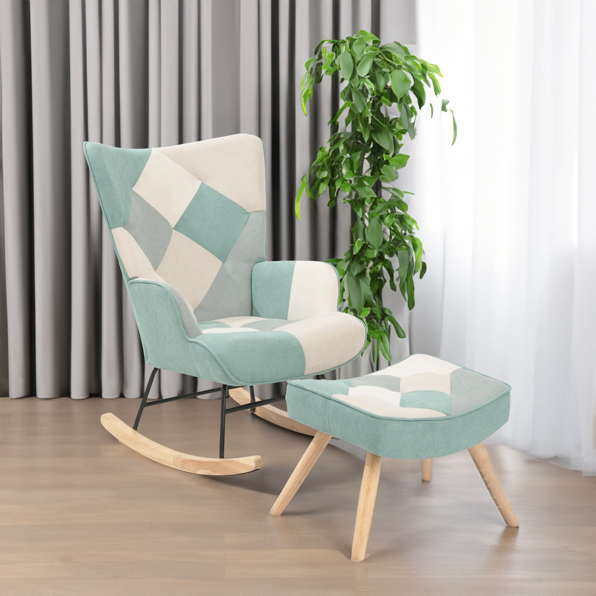 Rocking Chair with ottoman, Mid Century Fabric Rocker Chair with Wood Legs and Patchwork Linen for Livingroom Bedroom - Julia M LifeStyles