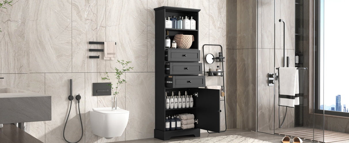 Black high storage cabinet with 3 drawers and adjustable shelves, MDF board painted eprolo
