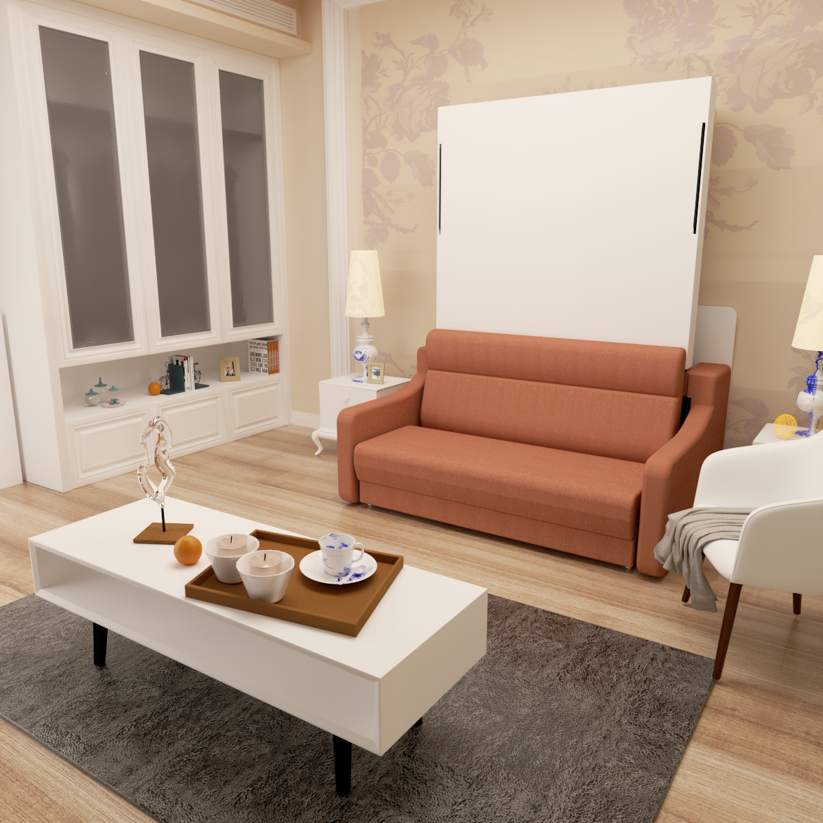 Full size Morden Deisgn vertical Murphy bed with sofa and drawers, white wall bed, space saving hidden bed with new gas pillars eprolo