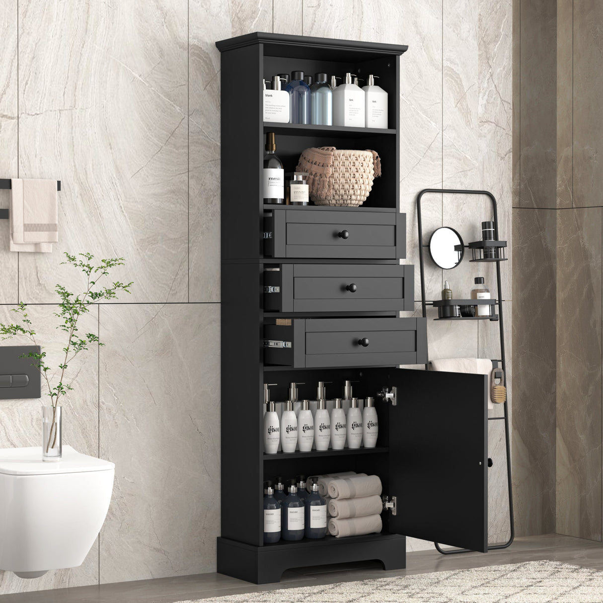 Black high storage cabinet with 3 drawers and adjustable shelves, MDF board painted eprolo