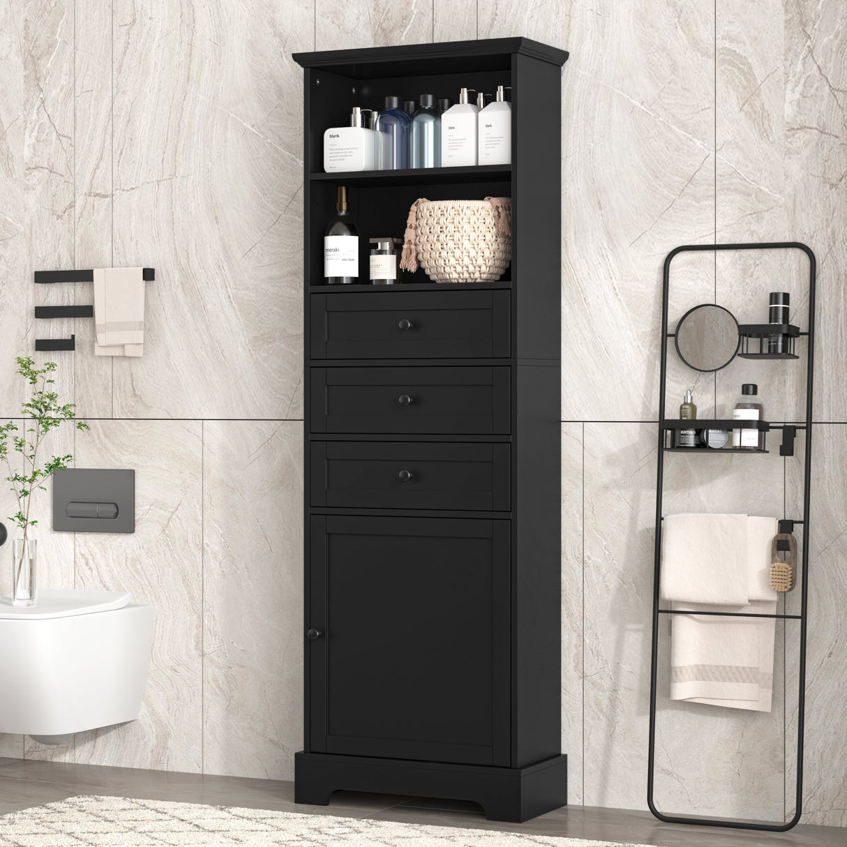 Black high storage cabinet with 3 drawers and adjustable shelves, MDF board painted eprolo