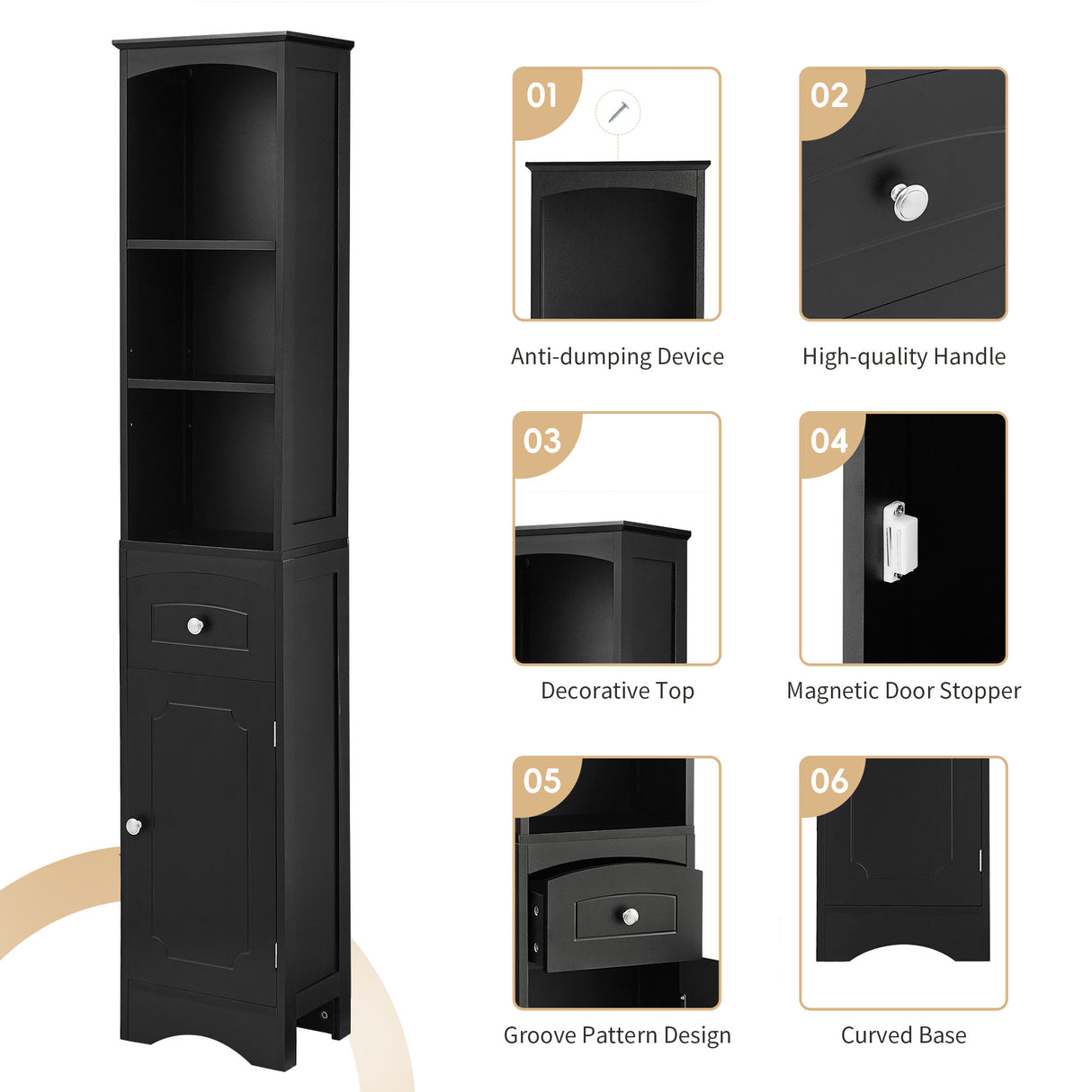Tall Bathroom Cabinet, Freestanding Storage Cabinet with Drawer, MDF Board, Adjustable Shelf, Black - Julia M LifeStyles