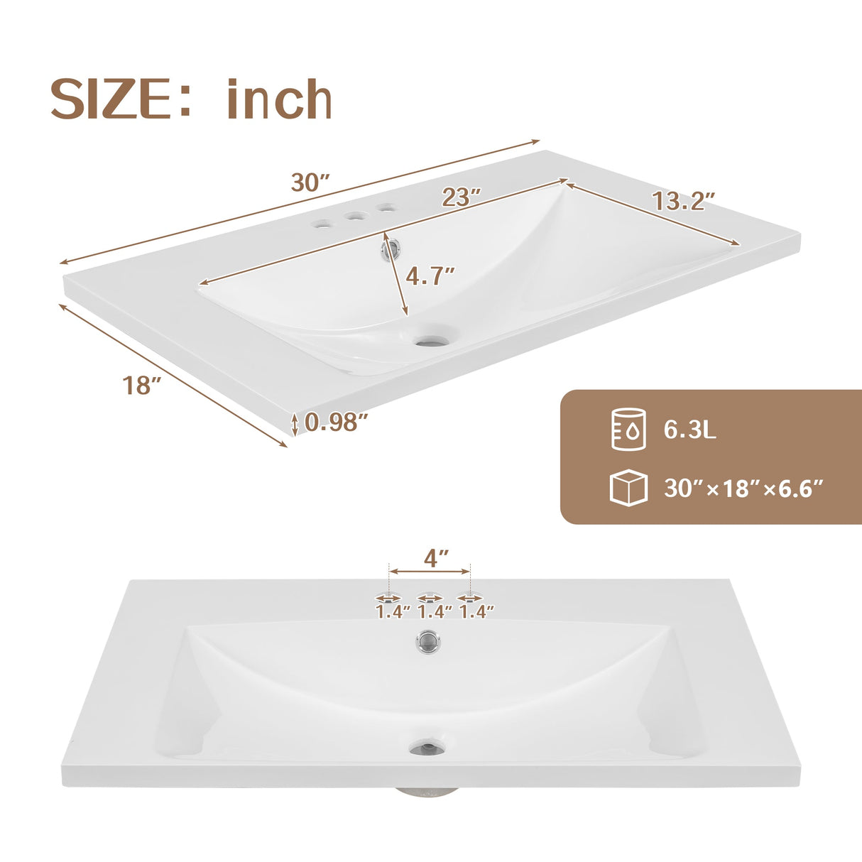 30" Single Bathroom Vanity Top with White Basin 3-Faucet Holes Ceramic White Julia M Home & Kitchen