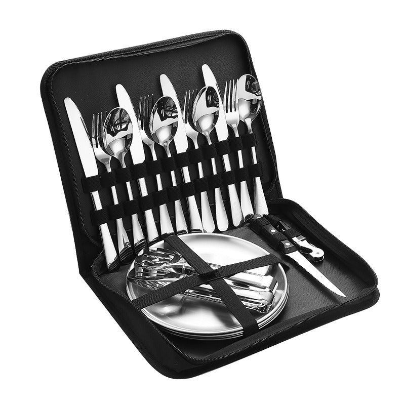 Stainless Steel Tableware Outdoor Camping Western Style Steak Knife Fork Spoon Dinner Plate Set Portable Cloth Bag Set Julia M Home & Kitchen