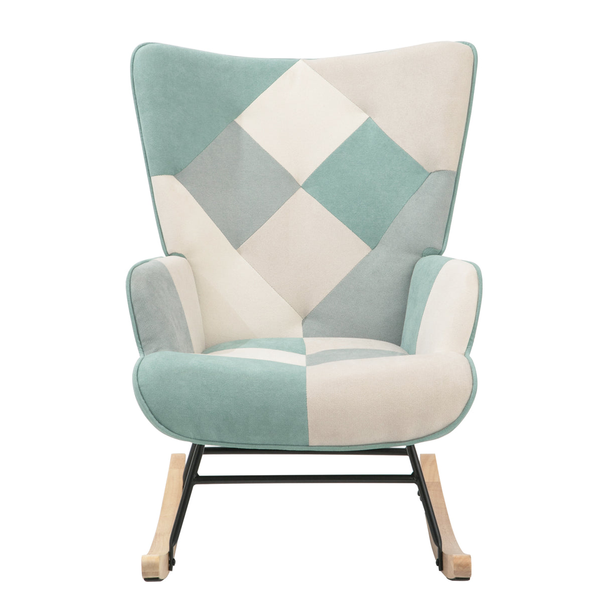 Rocking Chair with ottoman, Mid Century Fabric Rocker Chair with Wood Legs and Patchwork Linen for Livingroom Bedroom - Julia M LifeStyles