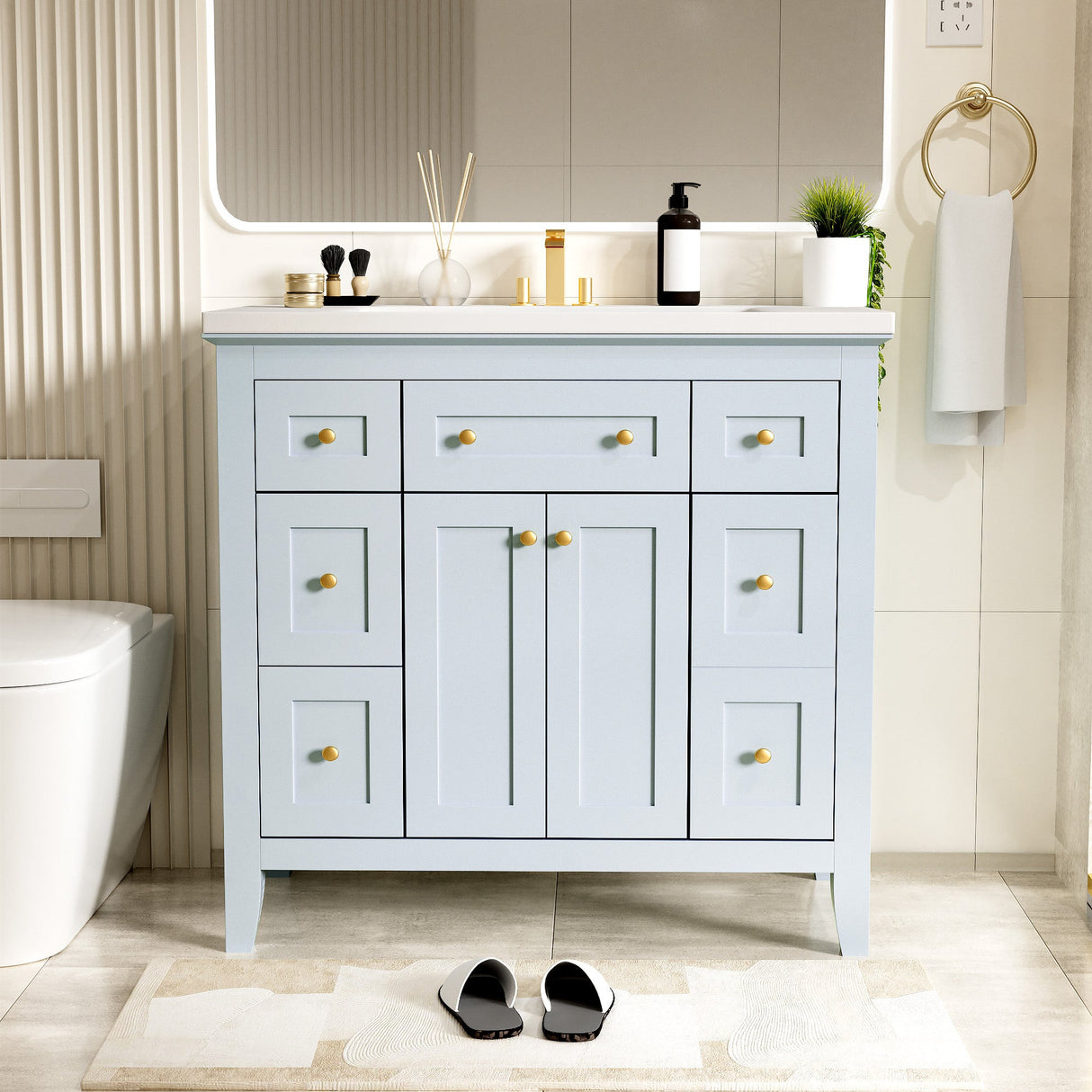 36 inch bathroom vanity with resin sink combination set with 6 drawers and 2 cabinets, storage cabinet vanity set, light blue Julia M Home & Kitchen
