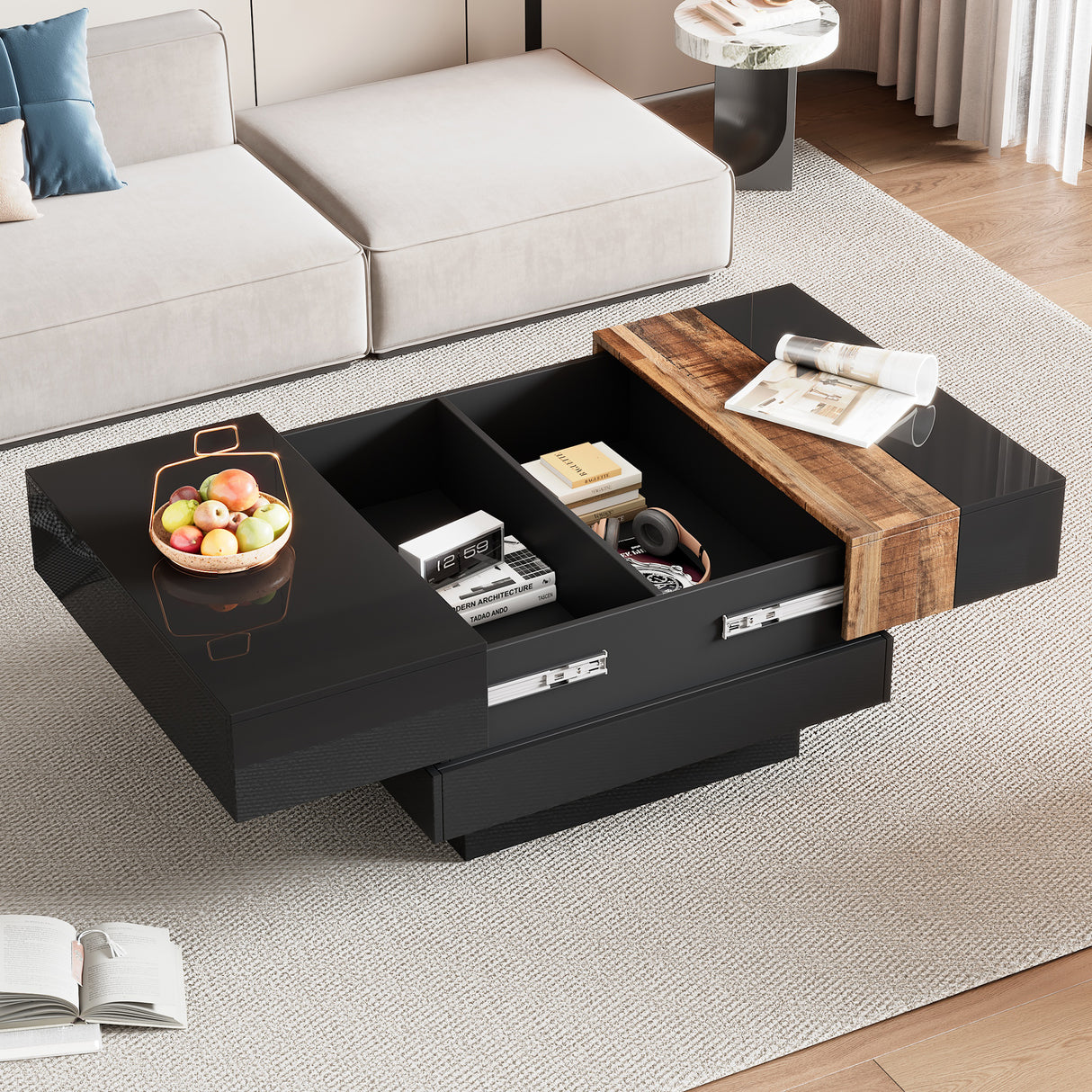 ON-TRANS 31.4 inches x 31.4 inches with sliding tabletop, high gloss center table, hidden storage room black - Julia M LifeStyles