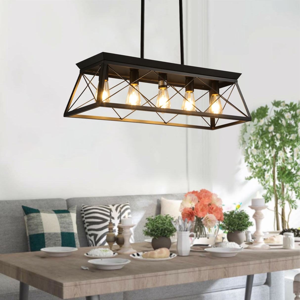 5-light farmhouse pendant light, metal pendant light island fixture, modern rectangular island light, pure black (no bulb) - Julia M LifeStyles