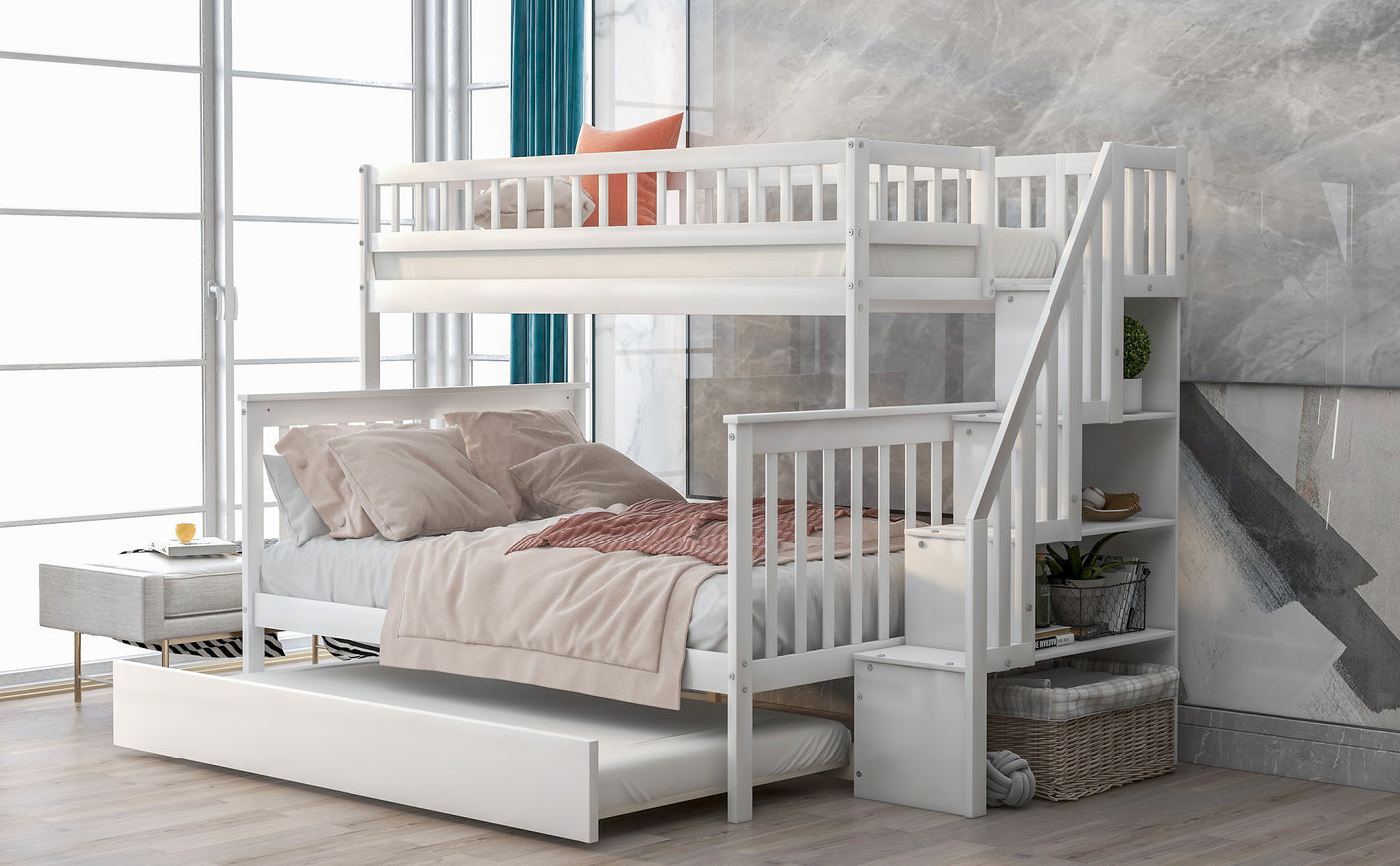 Twin over Full Bunk Bed with Trundle and Staircase White - Julia M LifeStyles