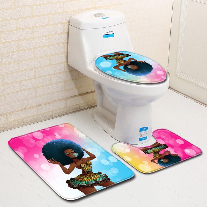 Bathroom Accession 3pcs/Set Star Girl Prited Bathroom Non-Slip Pedestal Rug + Lid Toilet Cover + Bath Mat - Julia M LifeStyles