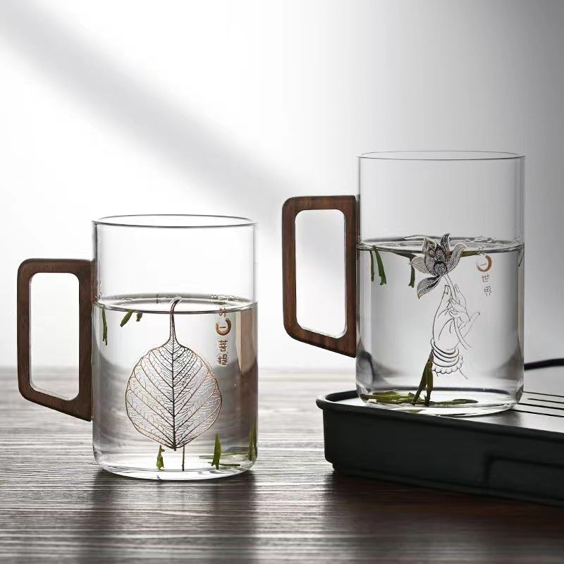 High end green tea cup with walnut handle and lid. High temperature resistant glass office drinking cup Julia M Home & Kitchen