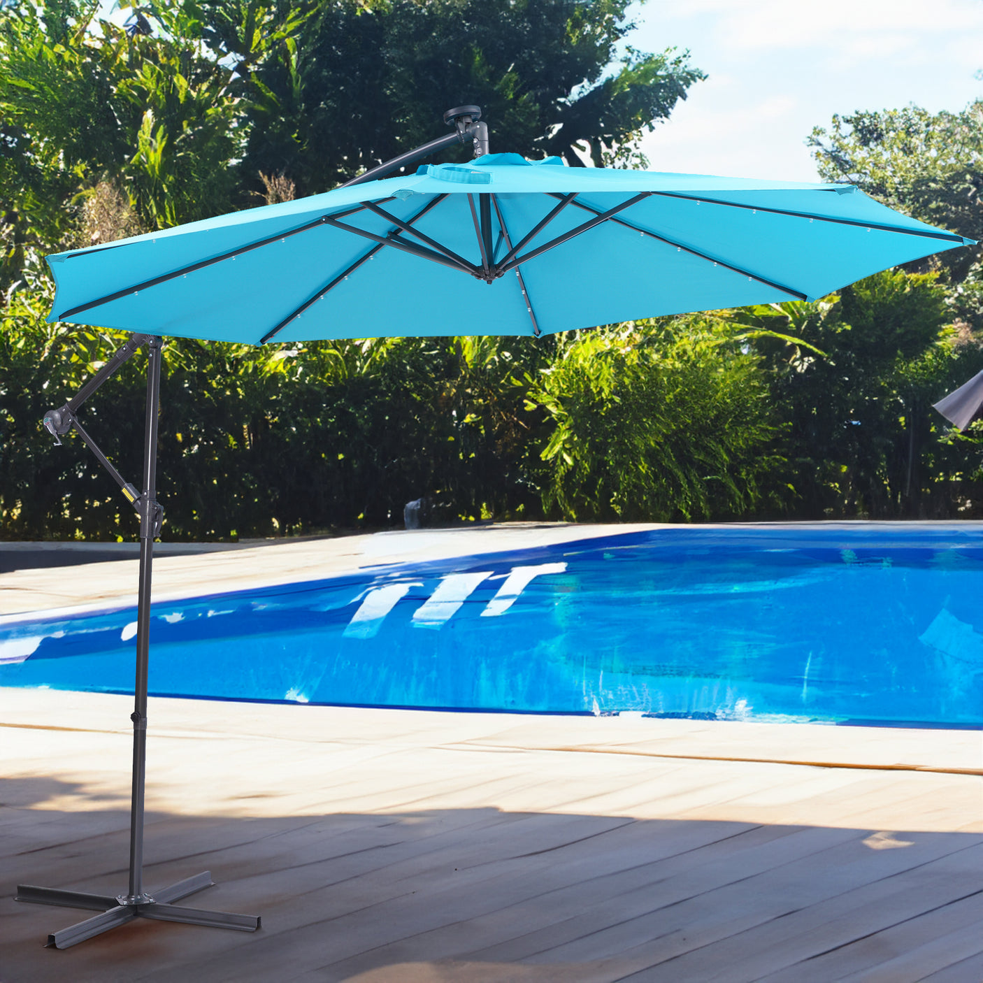 10 FT Solar LED Patio Outdoor Umbrella Hanging Cantilever Umbrella Offset Umbrella Easy Open Adustment with 32 LED Lights - Julia M LifeStyles