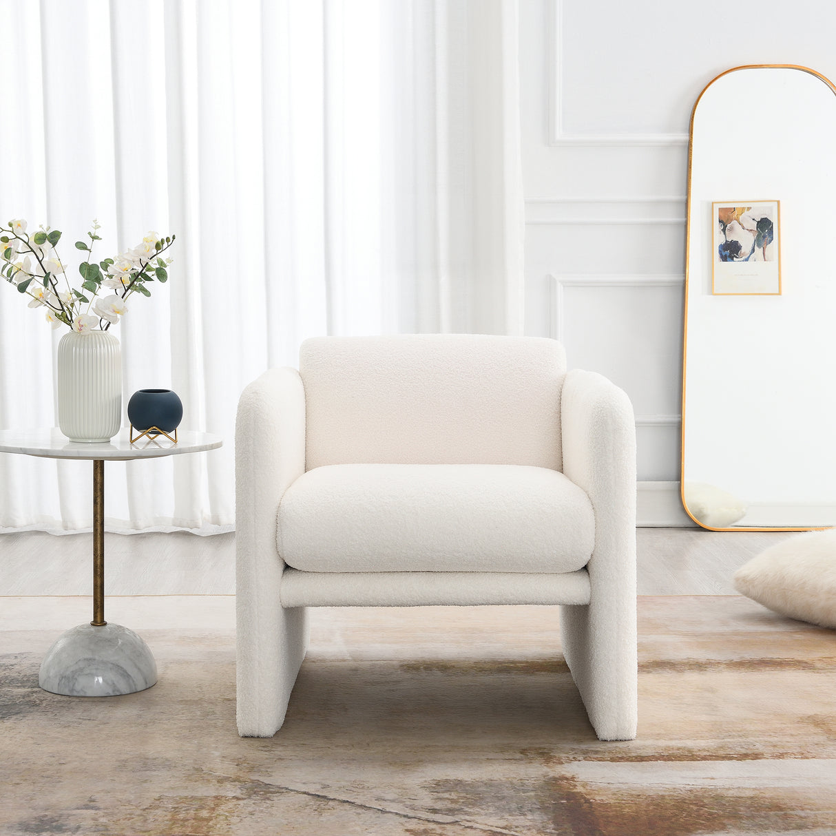 Armchair with wavy armrests, metal decorations on both sides of the armrests, made of Teddy cloth, white - Julia M LifeStyles