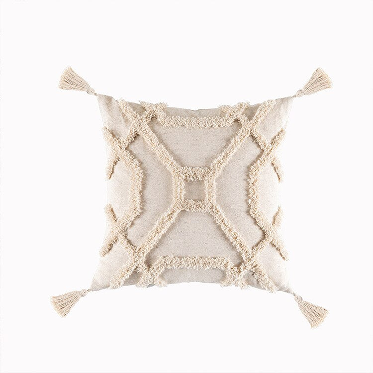 Tassels Cushion Cover 45x45cm - Beige and White Boho Decor - Julia M LifeStyles