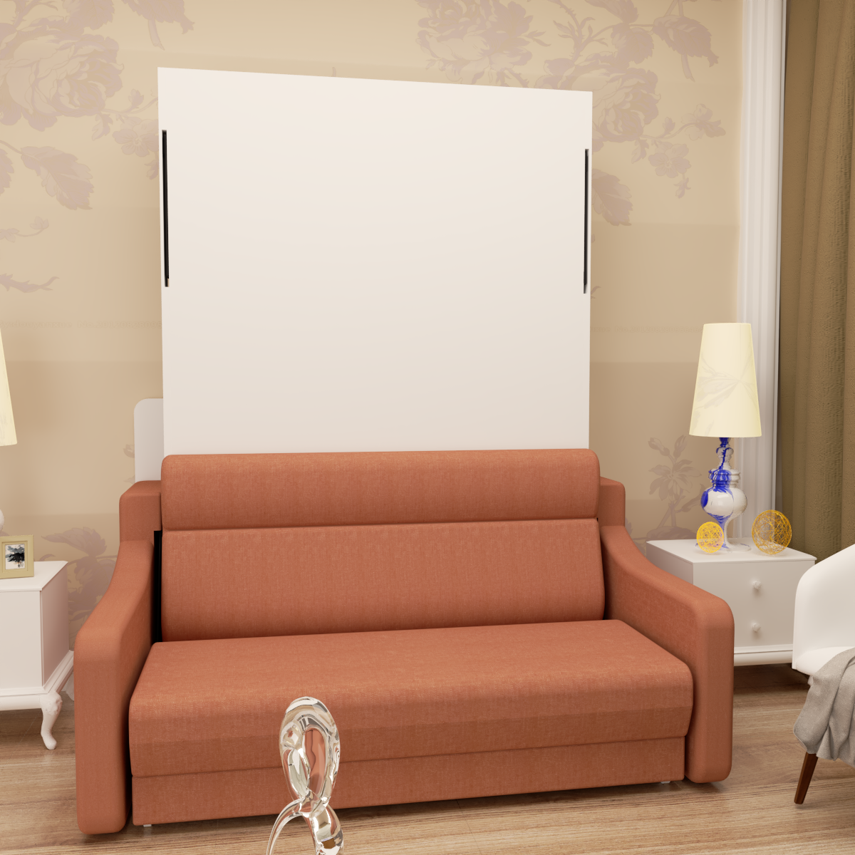 Full size Morden Deisgn vertical Murphy bed with sofa and drawers, white wall bed, space saving hidden bed with new gas pillars eprolo