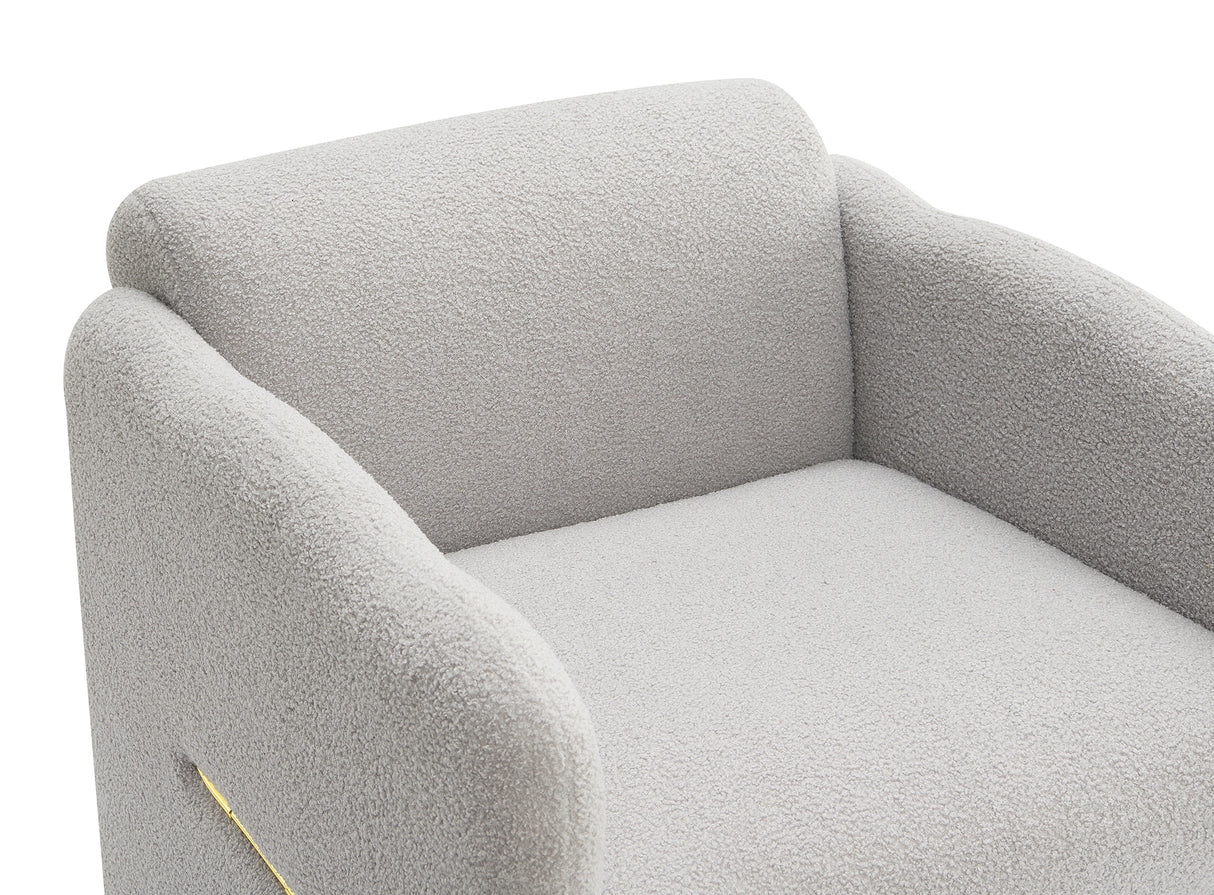 Armchair with wavy armrests, metal decorations on both sides of the armrests, made of Teddy cloth, light gray - Julia M LifeStyles