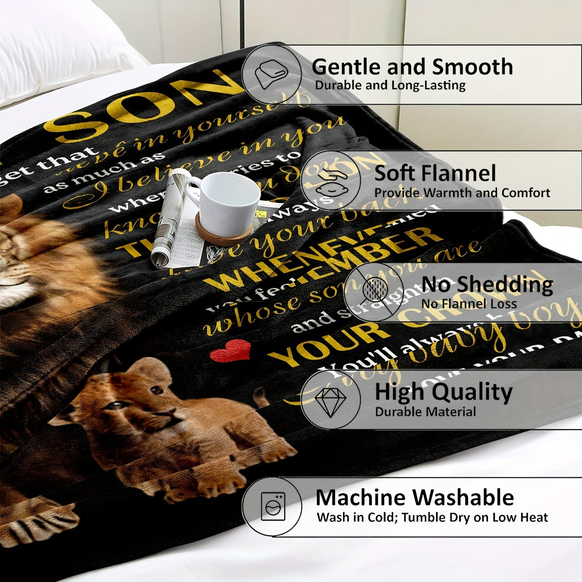 1pc Cozy Lion Printed Flannel Blanket - Soft, Warm, and Envelope-Style Throw Blanket for All Seasons, Perfect for Couch, Bed, Sofa, Office, Camping, Travel, and Home Decor, Ideal Holiday Gift for Son from Dad Julia M LifeStyles