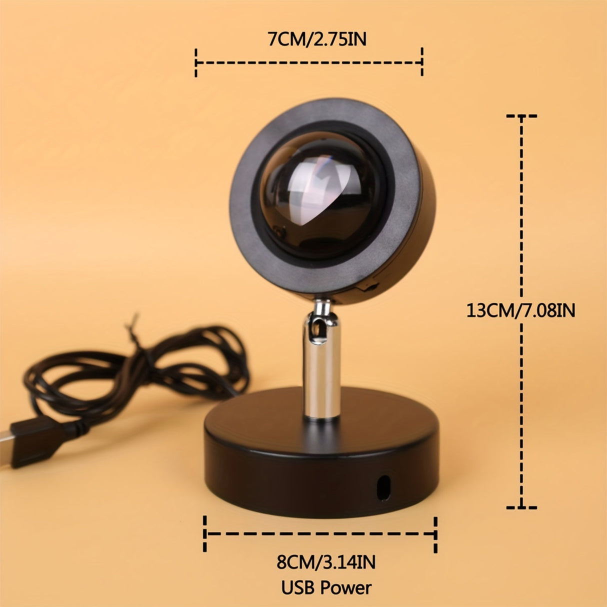 Black magnifying glass with USB power cable on a beige background, showing dimensions.