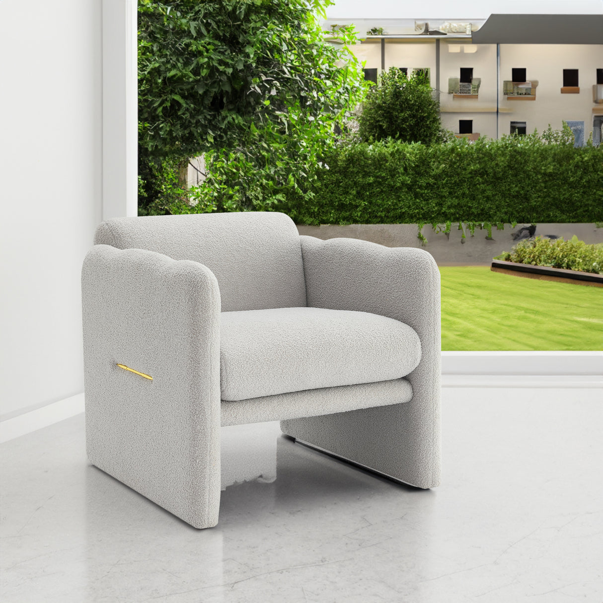 Armchair with wavy armrests, metal decorations on both sides of the armrests, made of Teddy cloth, light gray - Julia M LifeStyles