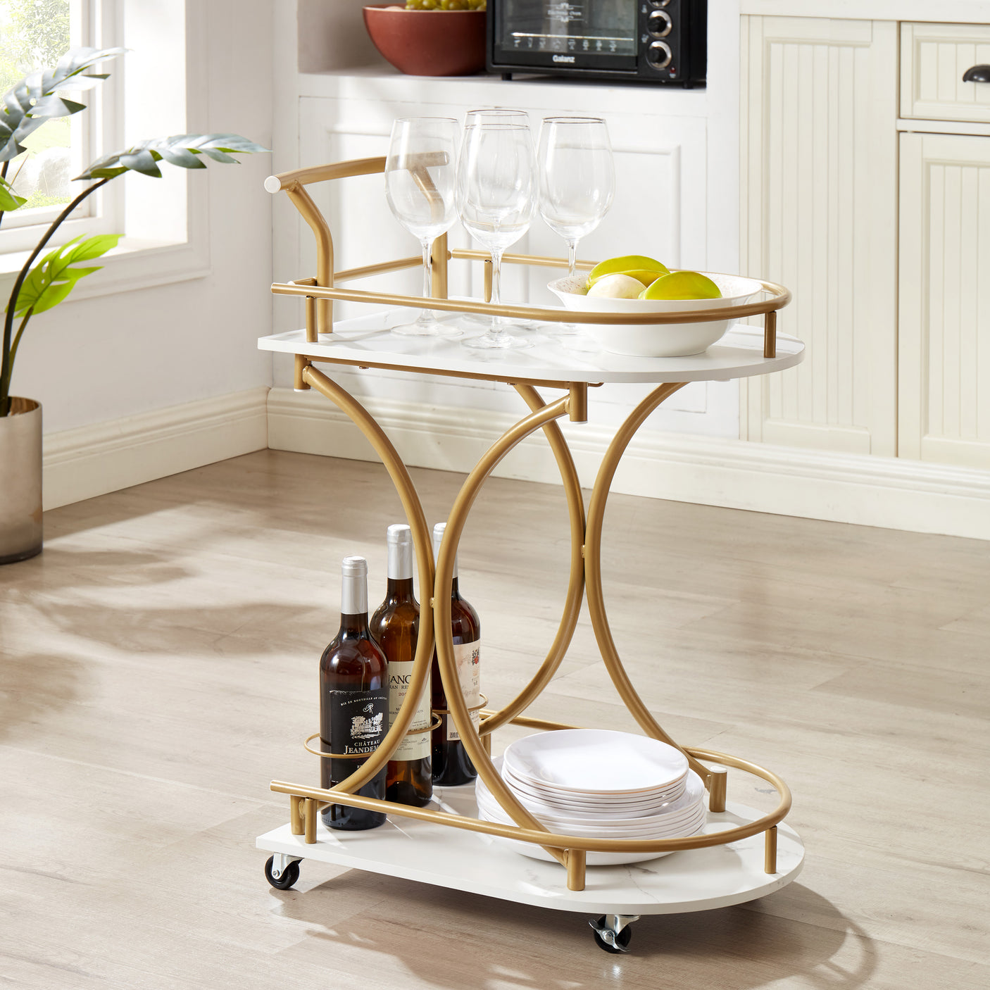 Golden Two-Tier Industrial Style Rolling Bar Cart with Wine & Glass Holders
