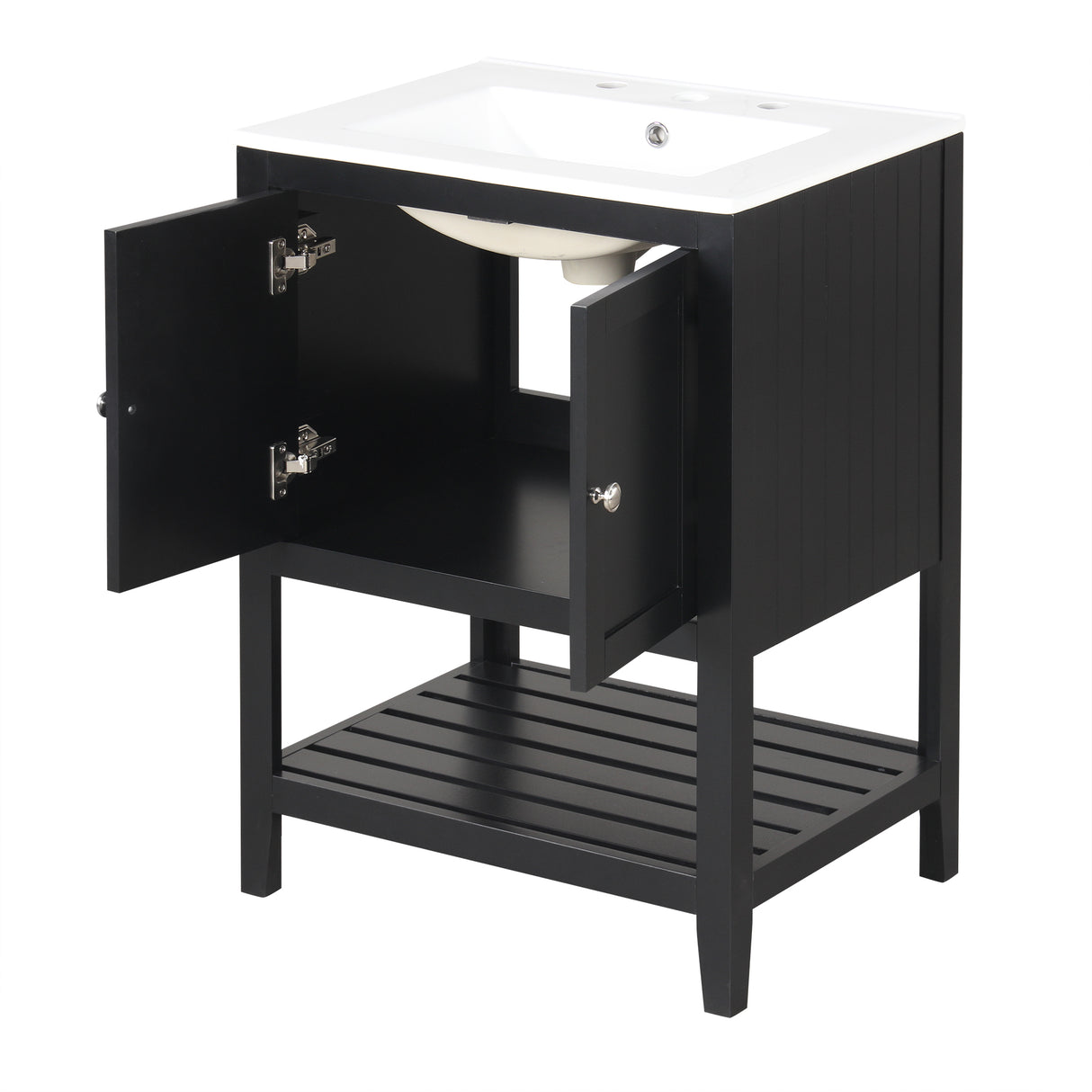 24" Black Modern Sleek Bathroom Vanity Elegant Ceramic Sink with Solid Wood Frame Open Style Shelf - Julia M LifeStyles