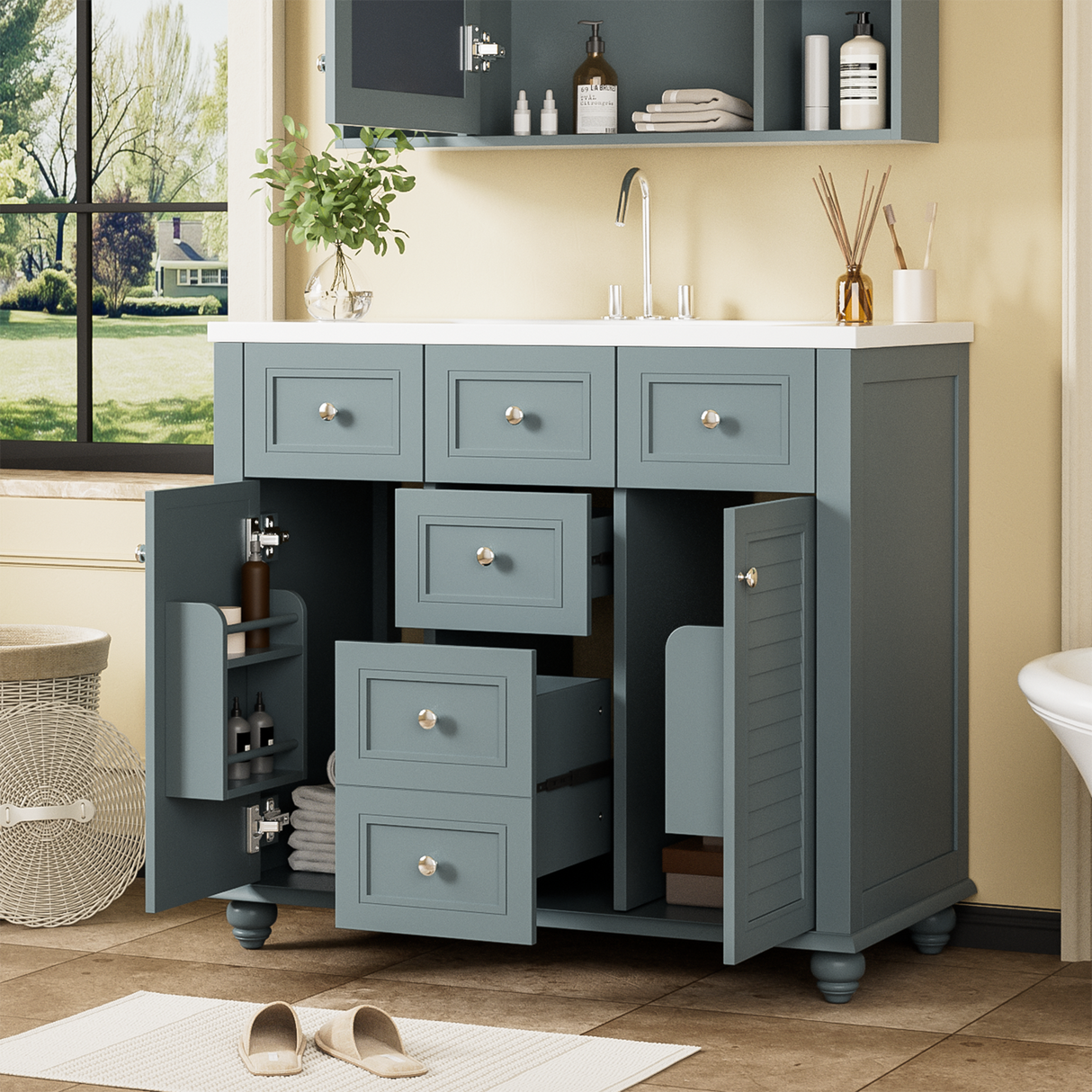36 "bathroom makeup cabinet with resin sink combination and 2 drawers, with soft closing door, blue color eprolo