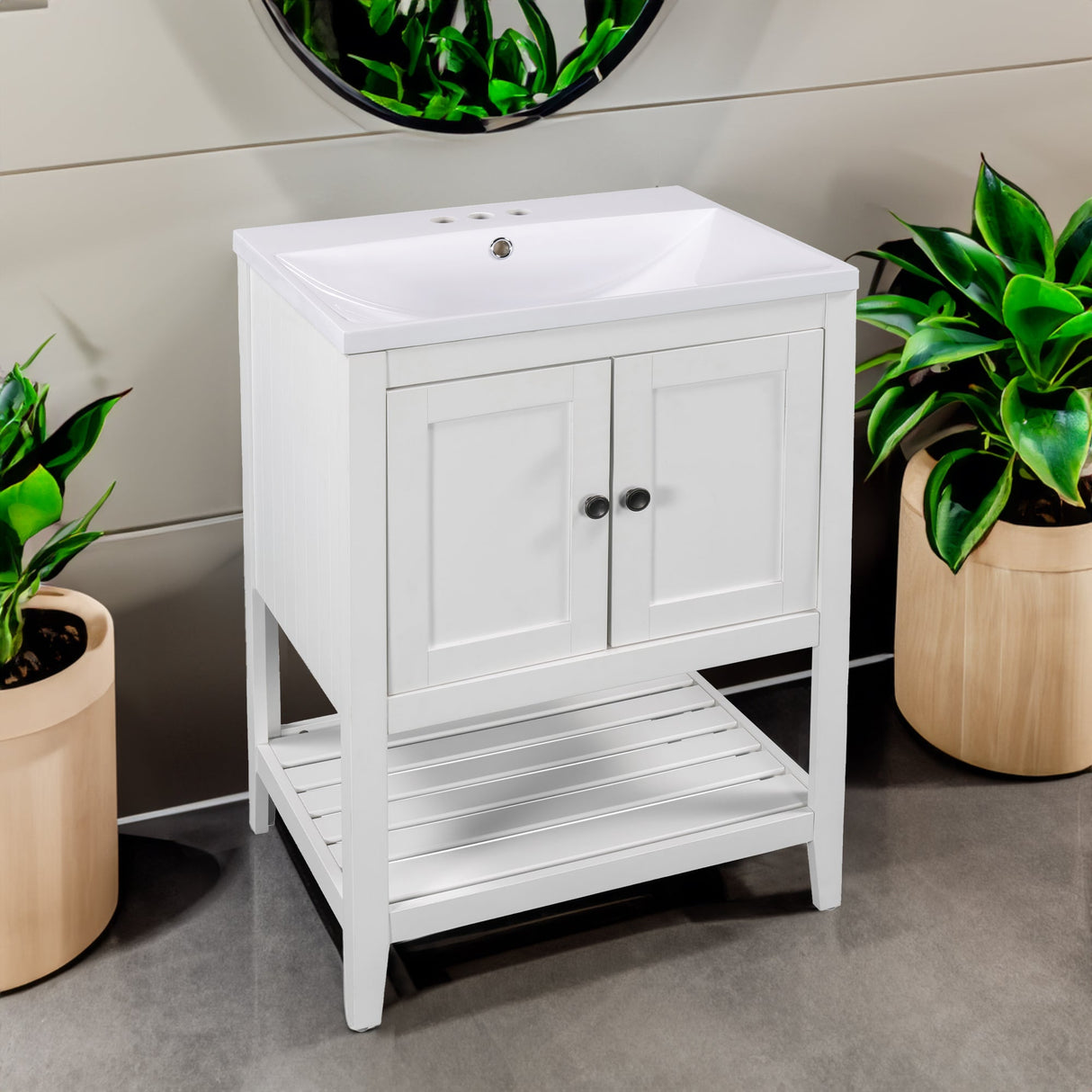24" White Modern Sleek Bathroom Vanity Elegant Ceramic Sink with Solid Wood Frame Open Style Shelf Julia M Home & Kitchen
