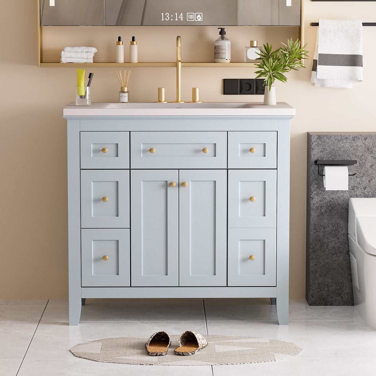 36 inch bathroom vanity with resin sink combination set with 6 drawers and 2 cabinets, storage cabinet vanity set, light blue Julia M Home & Kitchen
