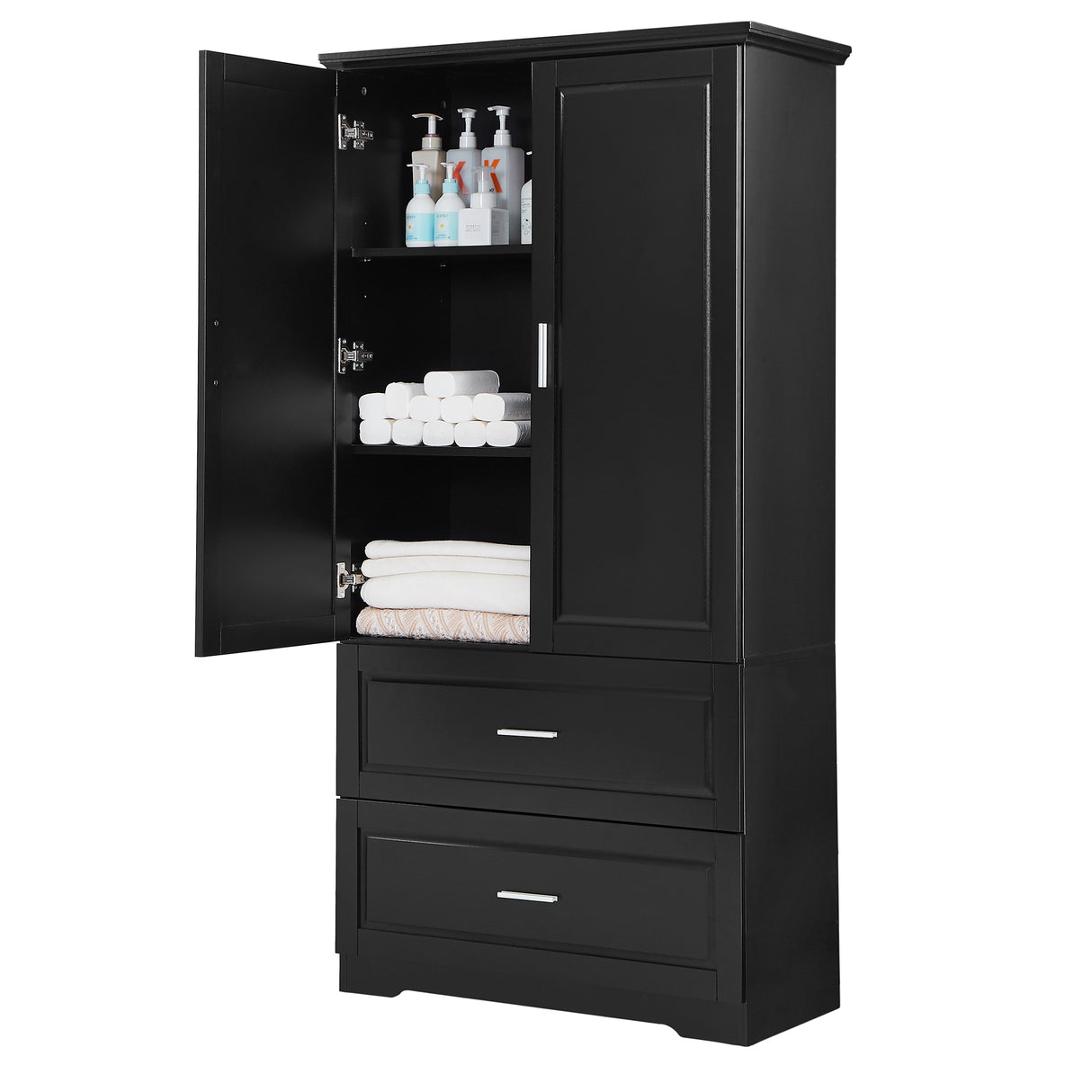 Tall Bathroom Storage Cabinet, Cabinet with Two Doors and Drawers, Adjustable Shelf, MDF Board, Black - Julia M LifeStyles