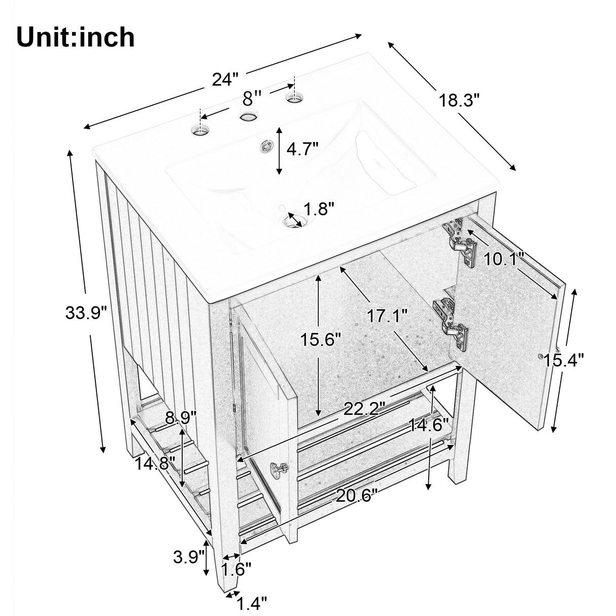 24" Black Modern Sleek Bathroom Vanity Elegant Ceramic Sink with Solid Wood Frame Open Style Shelf - Julia M LifeStyles