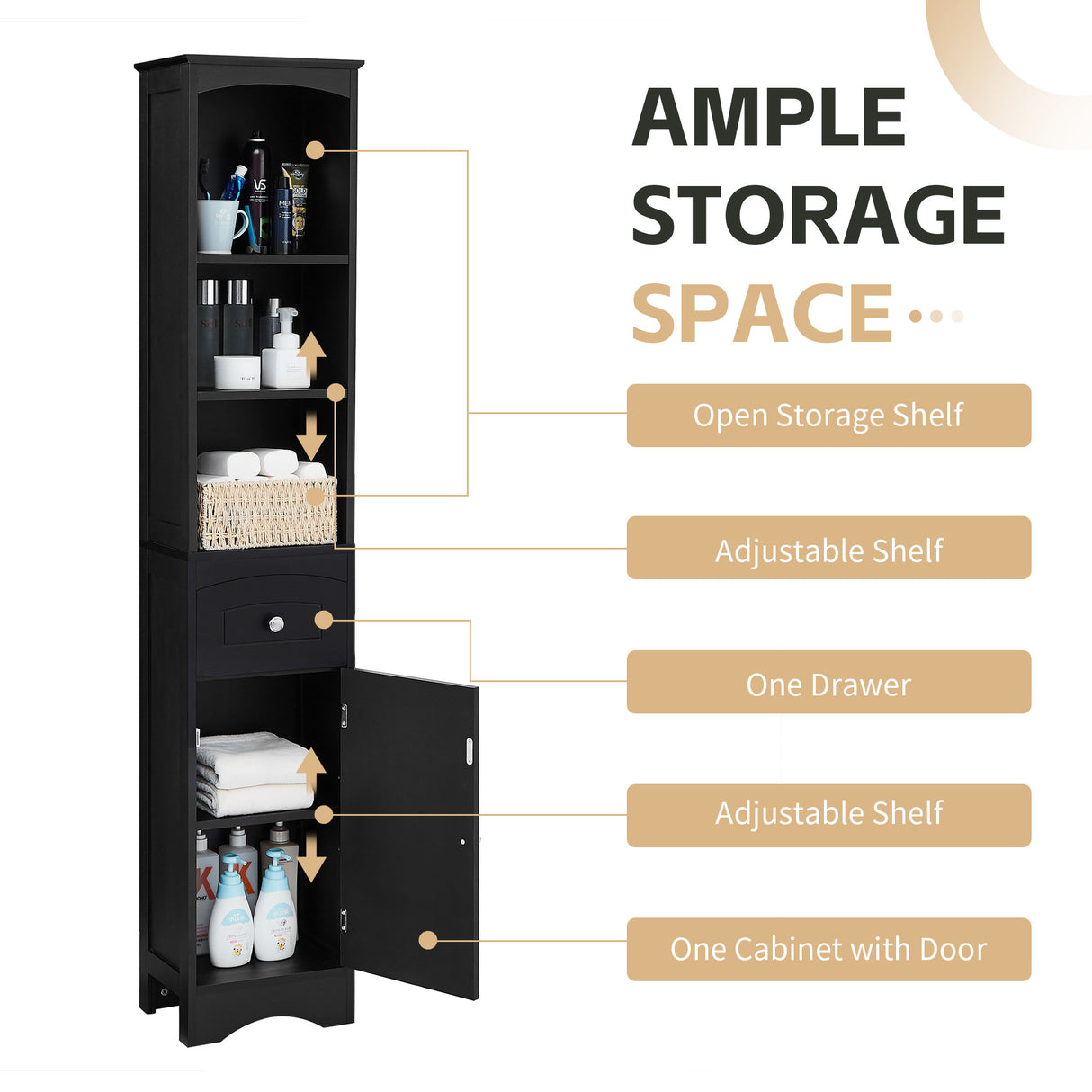 Tall Bathroom Cabinet, Freestanding Storage Cabinet with Drawer, MDF Board, Adjustable Shelf, Black - Julia M LifeStyles