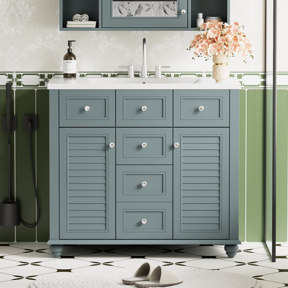 36 "bathroom makeup cabinet with resin sink combination and 2 drawers, with soft closing door, blue color eprolo