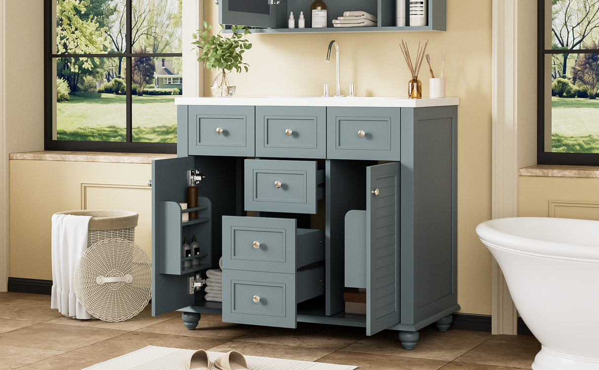 36 "bathroom makeup cabinet with resin sink combination and 2 drawers, with soft closing door, blue color eprolo