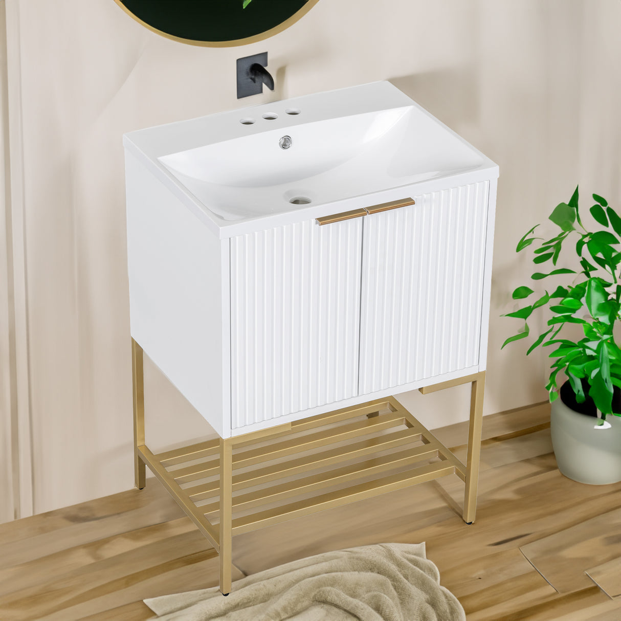 24" Bathroom Vanity with Sink, Bathroom Vanity Cabinet with Two Doors and Gold Metal Frame, Open Storage Shelf, White - Julia M LifeStyles