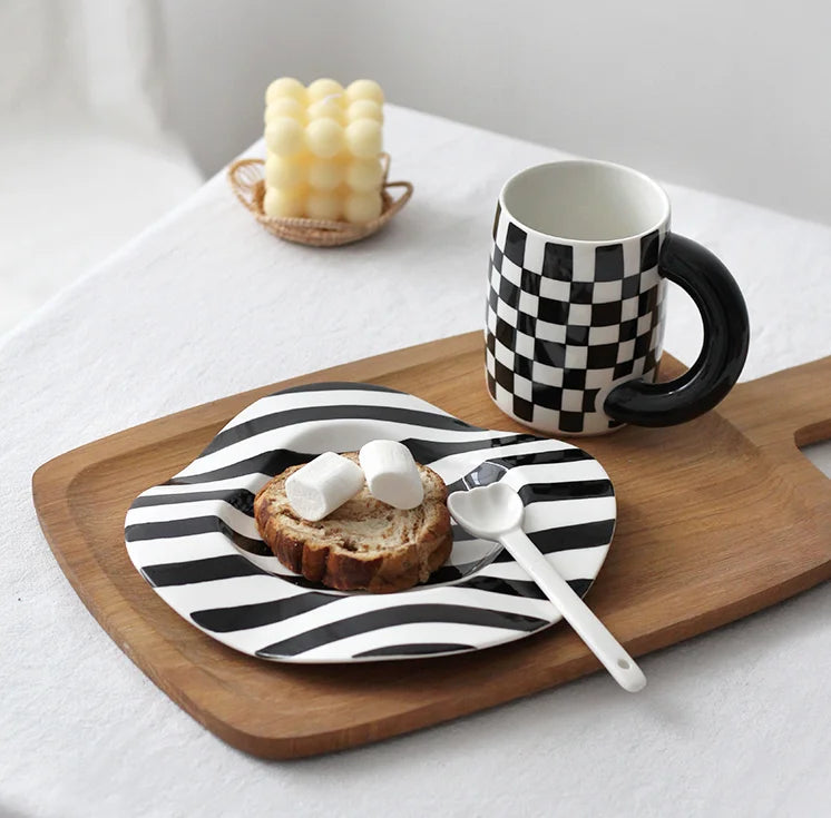 Nordic Ceramic Plate Dot Stripe Irregular Wave Shape Ceramic Dessert Plate Pasta Plate Dinner Plates Ceramic Dish Plates Julia M Home & Kitchen