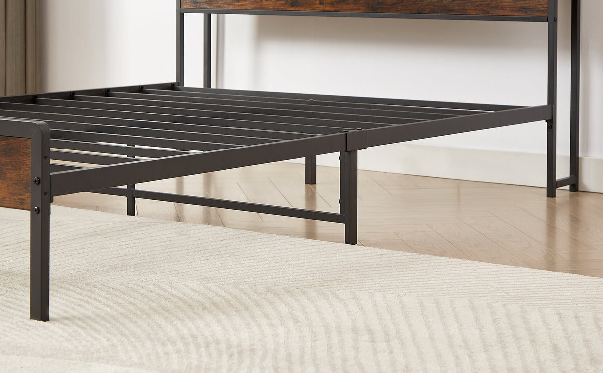 Bed frame with charging station full size, Rustic Brown, 83.1'' L x 56.1'' W x 39'' H eprolo