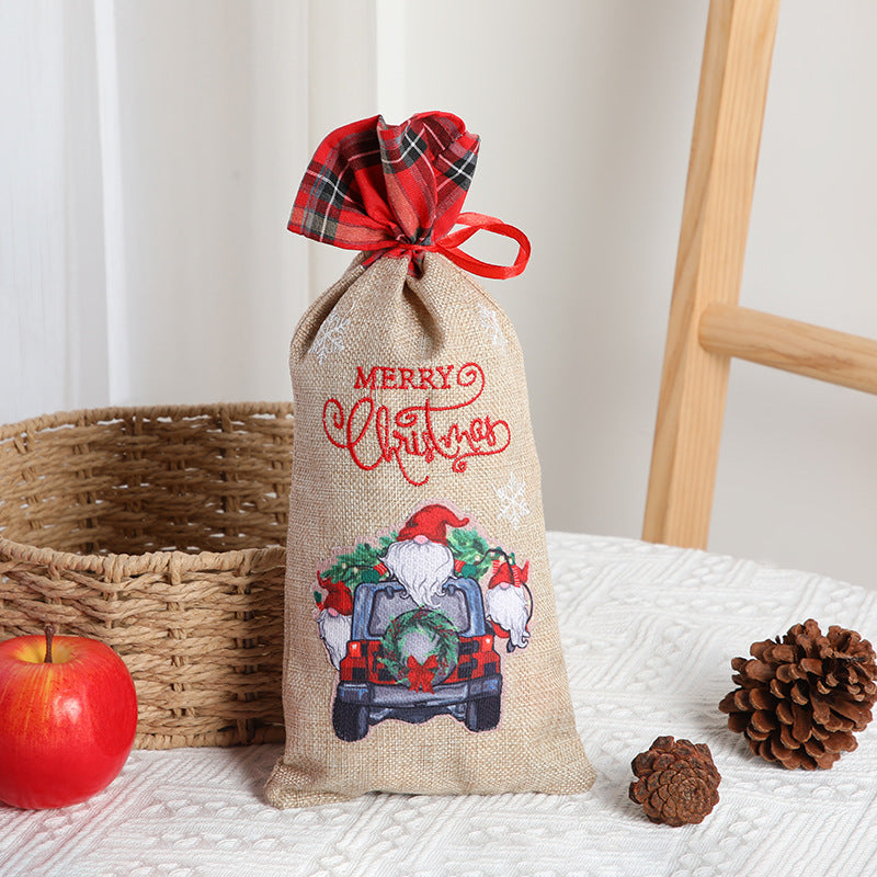 Christmas gift bag, letter printed Santa Claus home decoration, plaid linen red wine set Julia M Home & Kitchen