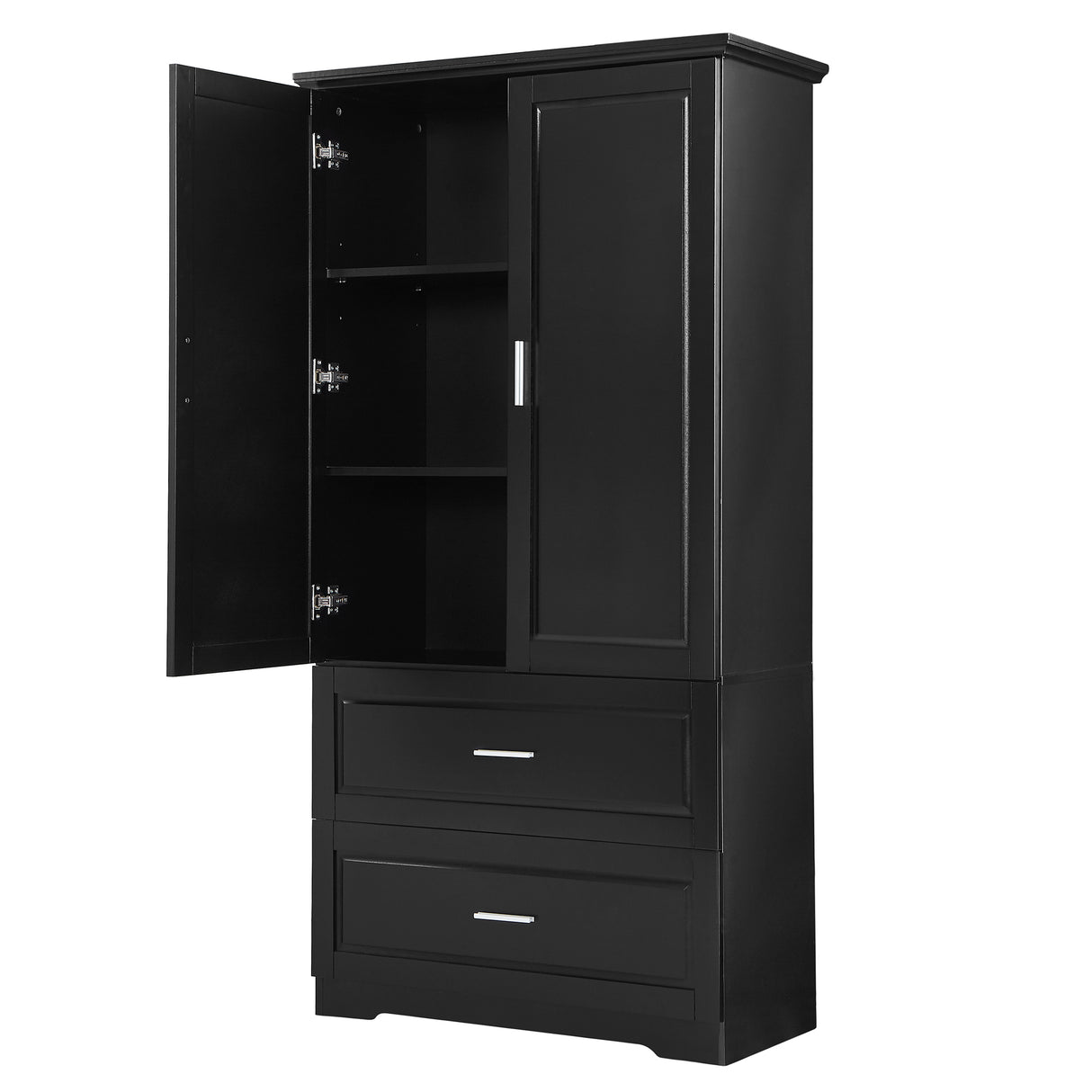 Tall Bathroom Storage Cabinet, Cabinet with Two Doors and Drawers, Adjustable Shelf, MDF Board, Black - Julia M LifeStyles