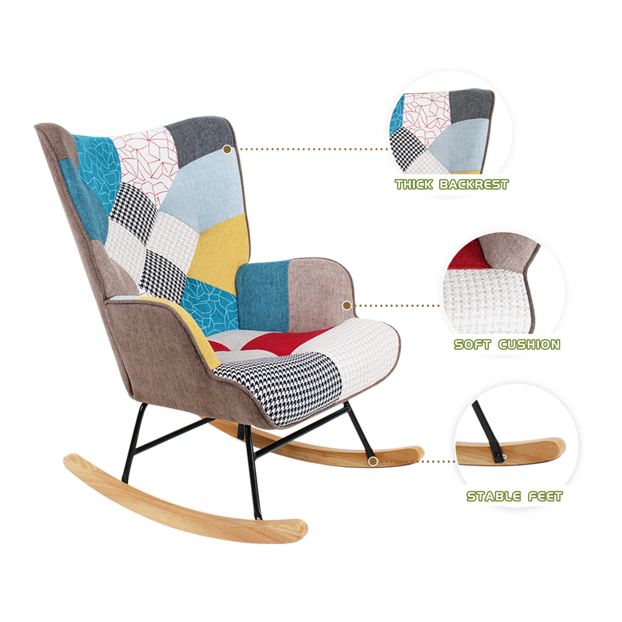 Rocking Chair with ottoman, Mid Century Fabric Rocker Chair with Wood Legs and Patchwork Linen for Livingroom Bedroom - Julia M LifeStyles