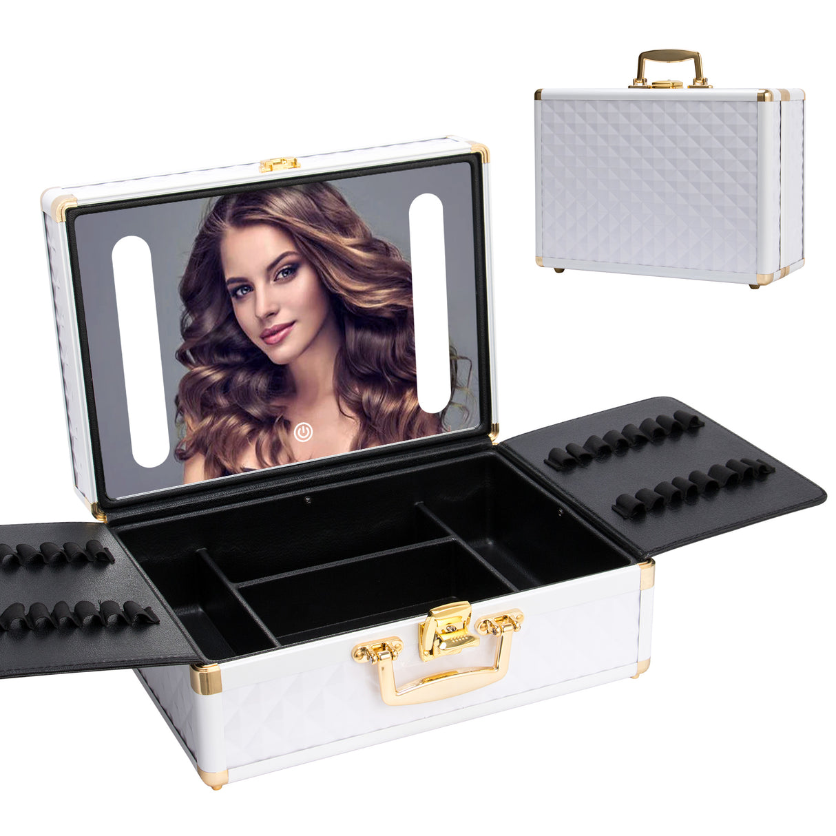 Portable makeup case, travel makeup bag with LED mirror, locked makeup storage box, brush holder, divider, rechargeable, white - Julia M LifeStyles
